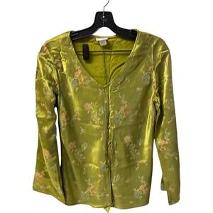 Moda International Women's Large Green Floral V-Neck Long Sleeve Blouse BoHo‎